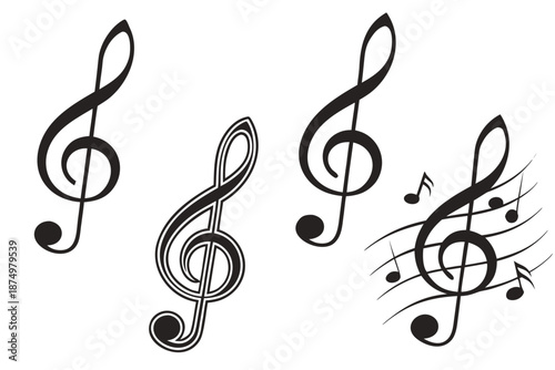 Abstract treble clefs with musical notes isolated on white background, Vector
