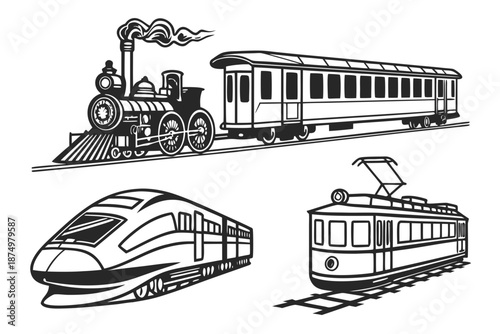 Various types of trains isolated on white background, Vector