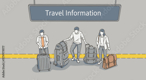 A minimalist flat illustration portrays diverse individuals with luggage waiting under a 'Travel Information' sign, representing journey planning and departure logistics.