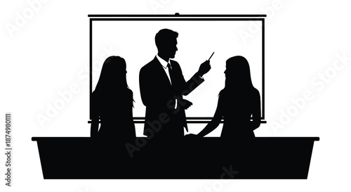 a business presentation with a presenter and two attendees in a stylized silhouette