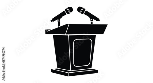 A black silhouette of a podium with two microphones ready for a presentation or speech silhouette