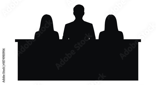 three figures seated behind a table appearing as a stark black silhouette