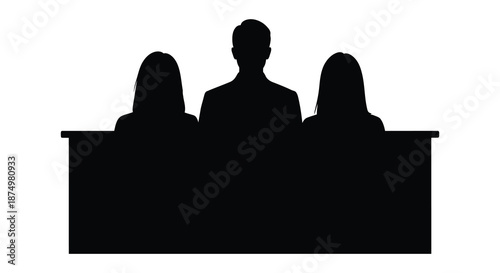 three figures seated behind a desk a striking black and white image silhouette