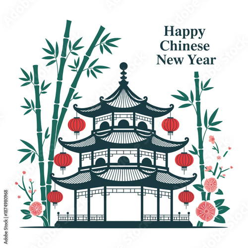 An elegant illustration of a traditional chinese pagoda bamboo lanterns and cherry blossoms