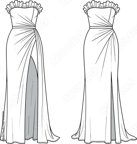 Fashion Flat Vector Sketch of Strapless Evening Gown with Ruffled Neckline and Thigh Slit for Design Templates