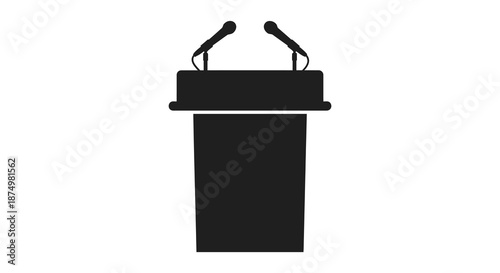a black podium with two microphones positioned for a conference or public speaking event silhouette