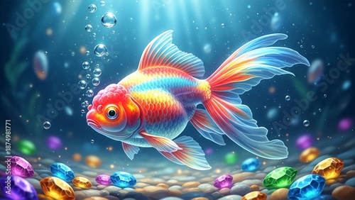 Vibrant goldfish swimming among colorful jewels underwater with sunlight