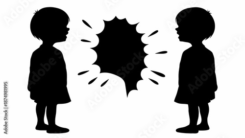Two children arguing in silhouette with speech bubble