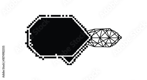 A striking graphic design featuring a hexagonal shape adjacent to a complex geometric form silhouette