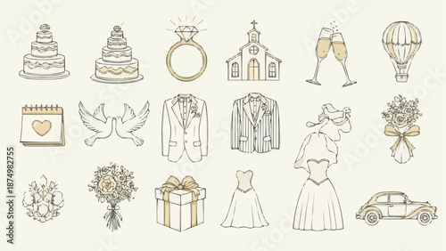 Wedding Icons Collection Hand Drawn Sketch Style.