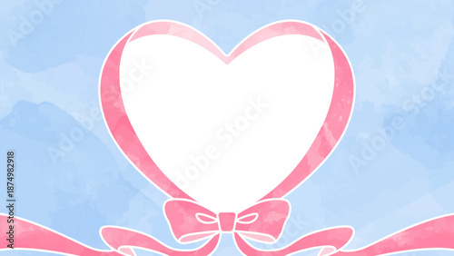 ハート型リボンの背景フレーム、水彩カラー、16:9サイズ
