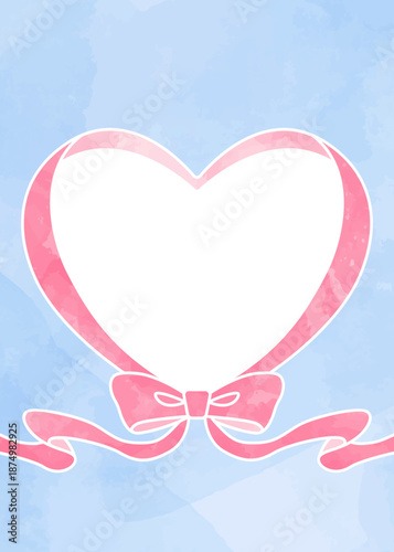 ハート型リボンの背景フレーム、水彩カラー、縦向き