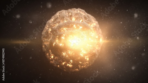 A single, complex, glowing molecule emerges from a dark, primordial aqueous solution, symbolizing the spark of life.