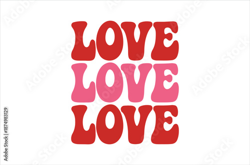 A stacked arrangement of the word love in vibrant red and pink hues