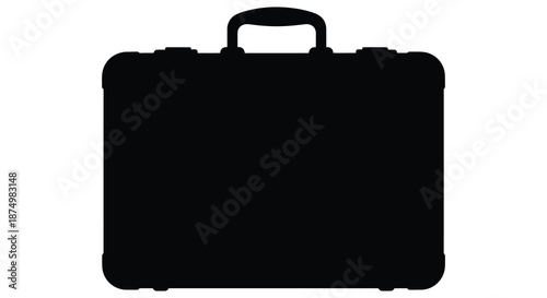 A stark black outline of a vintage style briefcase presented as a bold silhouette