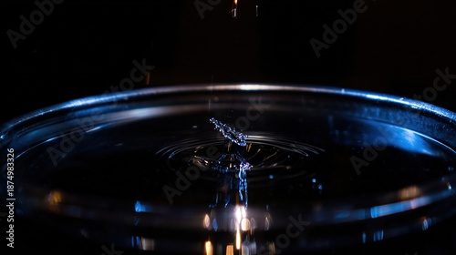 A single, complex, glowing molecule emerges from a dark, primordial aqueous solution, symbolizing the spark of life.