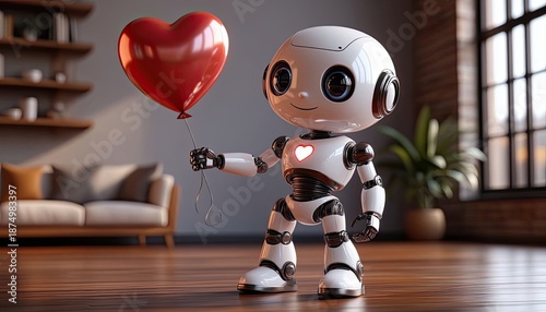 A robot with large eyes is smiling while holding a red heart balloon in a sunny room. The wooden floor adds warmth and focus to the cheerful scene.