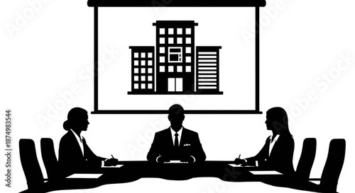 Business people silhouettes in boardroom meeting with office building presentation on screen