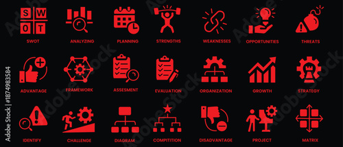 SWOT analysis icon set. Containing strengths, weaknesses, opportunities, threats, advantage, assessment, framework, strategy, planning, project and more. Solid vector icons collection.