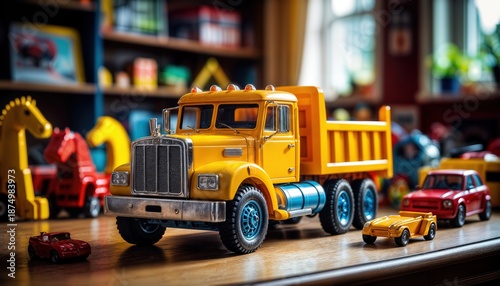Bright sunlight fills the playroom as a yellow toy truck sits on a wooden table surrounded by various toy cars. The room has colorful walls and playful decorations.