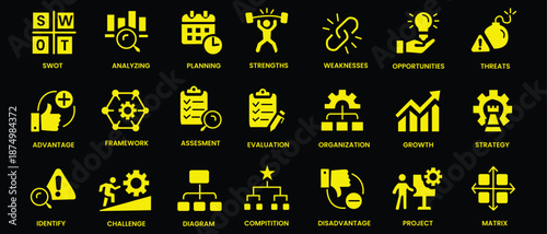 SWOT analysis icon set. Containing strengths, weaknesses, opportunities, threats, advantage, assessment, framework, strategy, planning, project and more. Solid vector icons collection.