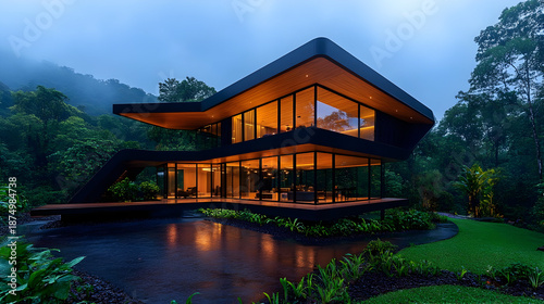 Modern luxury home with large windows in serene forest setting by water