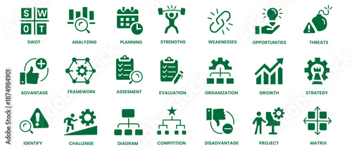 SWOT analysis icon set. Containing strengths, weaknesses, opportunities, threats, advantage, assessment, framework, strategy, planning, project and more. Solid vector icons collection.