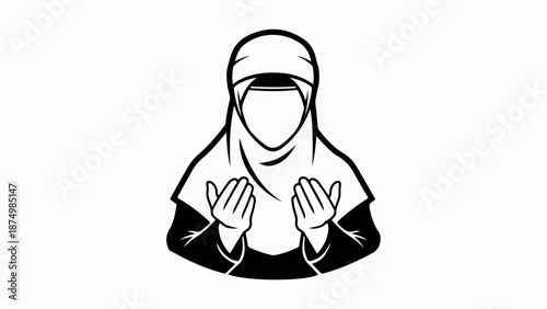 A black and white illustration of a person wearing a hijab and praying with their hands raised.
