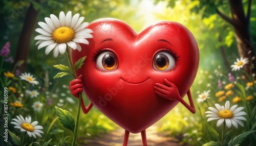 Heart character holding a daisy in a bright, cheerful garden setting during daytime