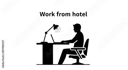 Silhouette of a man working on a laptop at a desk with a lamp and "Work from hotel" text