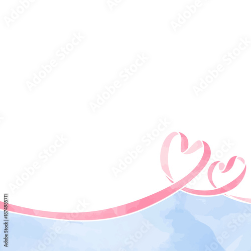 ハート型リボンの背景フレーム、水彩カラー、正方形サイズ