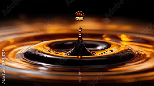 A droplet of a dark beverage creating a ripple, backlit with golden light.