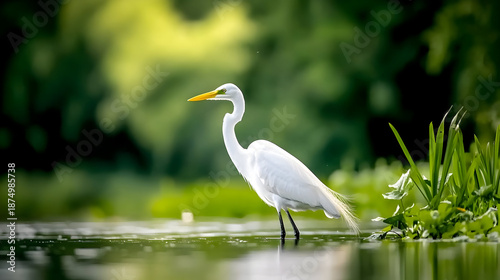 Majestic white egret standing in serene green wetland environment