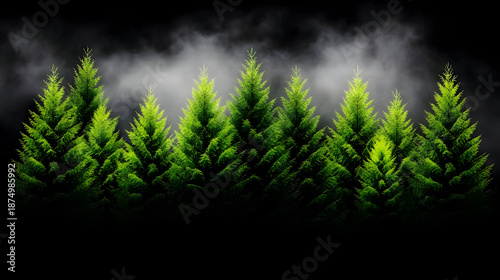 Misty forest with vibrant green pine trees in dramatic dark landscape