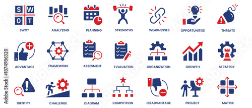SWOT analysis icon set. Containing strengths, weaknesses, opportunities, threats, advantage, assessment, framework, strategy, planning, project and more. Solid vector icons collection.