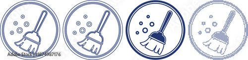 Household cleaning tool broom soap bubbles circle icon set vector graphic design.