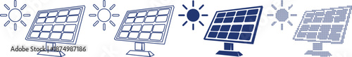 Renewable energy solar panel sun power flat icon set graphic vector illustration.