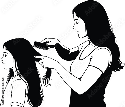 Woman combing a girls long hair with a brush.