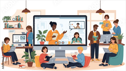 Students Attending Online Webinar on Laptops.eps