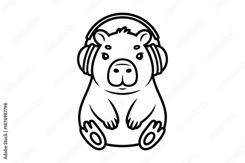 Fototapeta premium Cute capybara with headphones, outlined cartoon style, sitting peacefully with eyes closed, enjoying music or podcast, isolated on white background