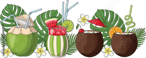 Tropical coconut cocktails and fruit drinks vector illustration set with watermelon lime flowers palm leaves and umbrellas