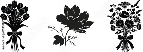 Three black and white bouquet illustrations