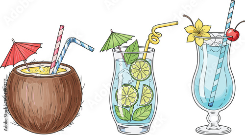 Tropical summer cocktails and refreshing fruit drinks vector set with coconut citrus slices umbrellas and colorful straws