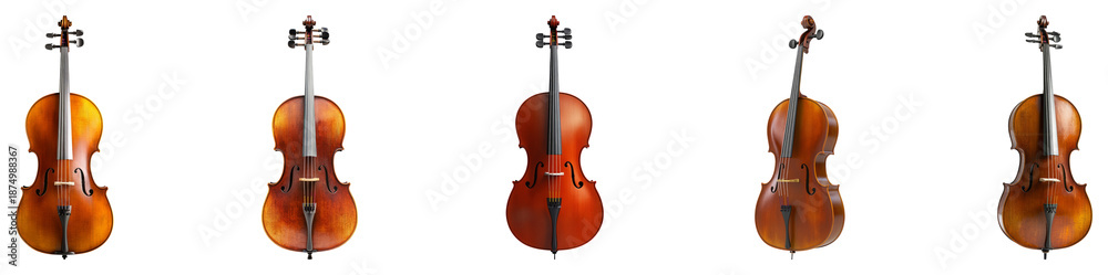 Fototapeta premium Different Styles of Violins Displayed in a Row Arrangement, PNG bundle collection, Isolated on Transparent Background