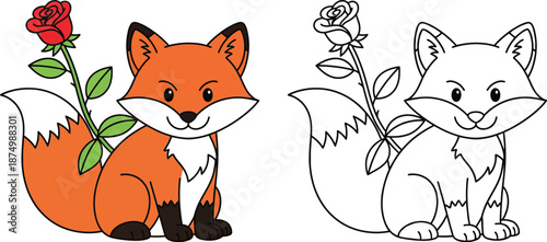 Cute Cartoon Fox with Rose Behind Its Back Adorable Animal for Shy Love and Sweet Gestures