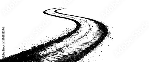 Vector white tire tracks and curved black tire tracks on road white background