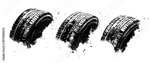 Vector set of Tire tread marks white tire tracks and skid marks isolated white background