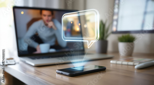 Smartphone hologram chat ai daily companion message technology virtual communication digital daily ai chat companion concept with glowing message hologram over smartphone desk near laptop