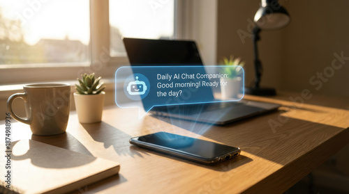 Daily ai chat companion message appears above smartphone on wooden desk near laptop in bright home office window light creating calm modern mood