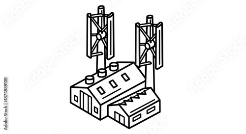 A clean, isometric line art illustration showcases an industrial building powered by two innovative vertical axis wind turbines, representing sustainable energy solutions.